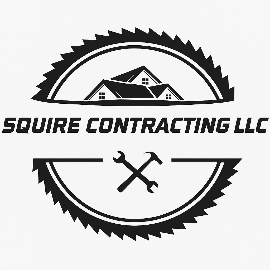 Logo for Squire Contracting LLC featuring a circular saw blade with a house inside, tools crossing beneath the company name.