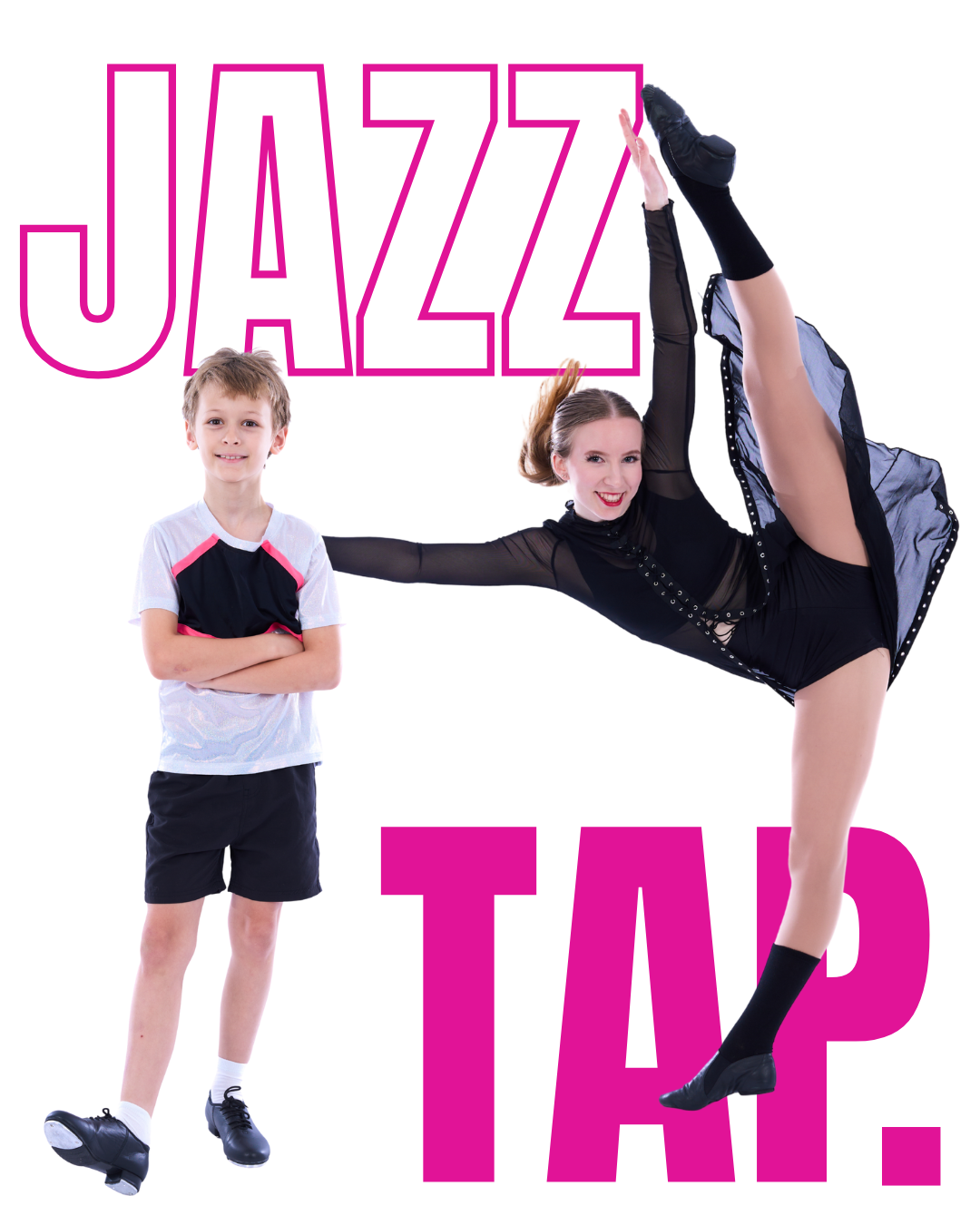 Young boy in casual sportswear and a woman in a black dance costume performing a pose, with the words 