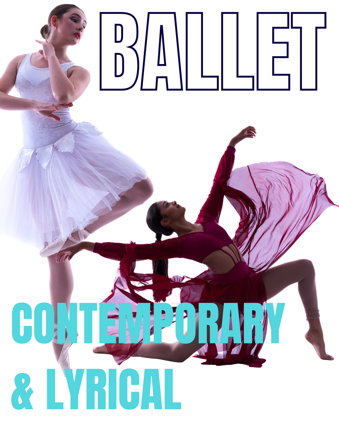 Two ballet dancers, one in a white tutu and the other in a red dress, performing dance poses against a white background. The words 'BALLET' in large letters and 'CONTEMPORARY & LYRICAL' are overlaid on the image.