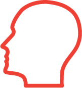 Outline of a human head in profile view with a gear inside, symbolizing thinking or mental processes.