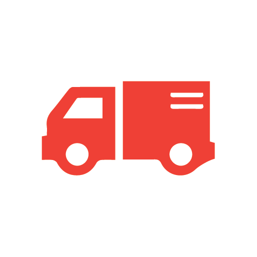 Icon of a red delivery truck with a cab and cargo area, set against a white circular background.