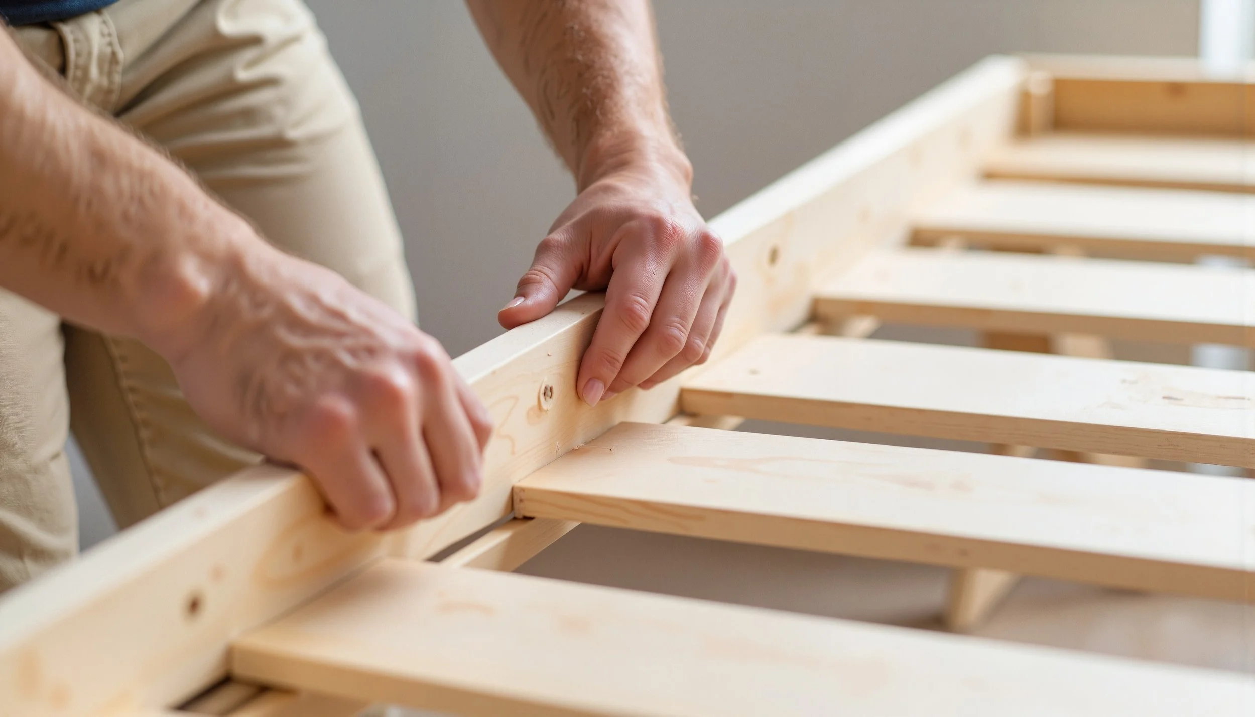 Person assembling a wooden bed frame or furniture piece, focusing on hands attaching a wooden slat.