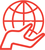 Outline of a hand holding a globe with latitude and longitude lines