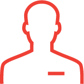 Silhouette of a person with a rounded head, no facial features, and a small rectangular badge on chest outlined in red.