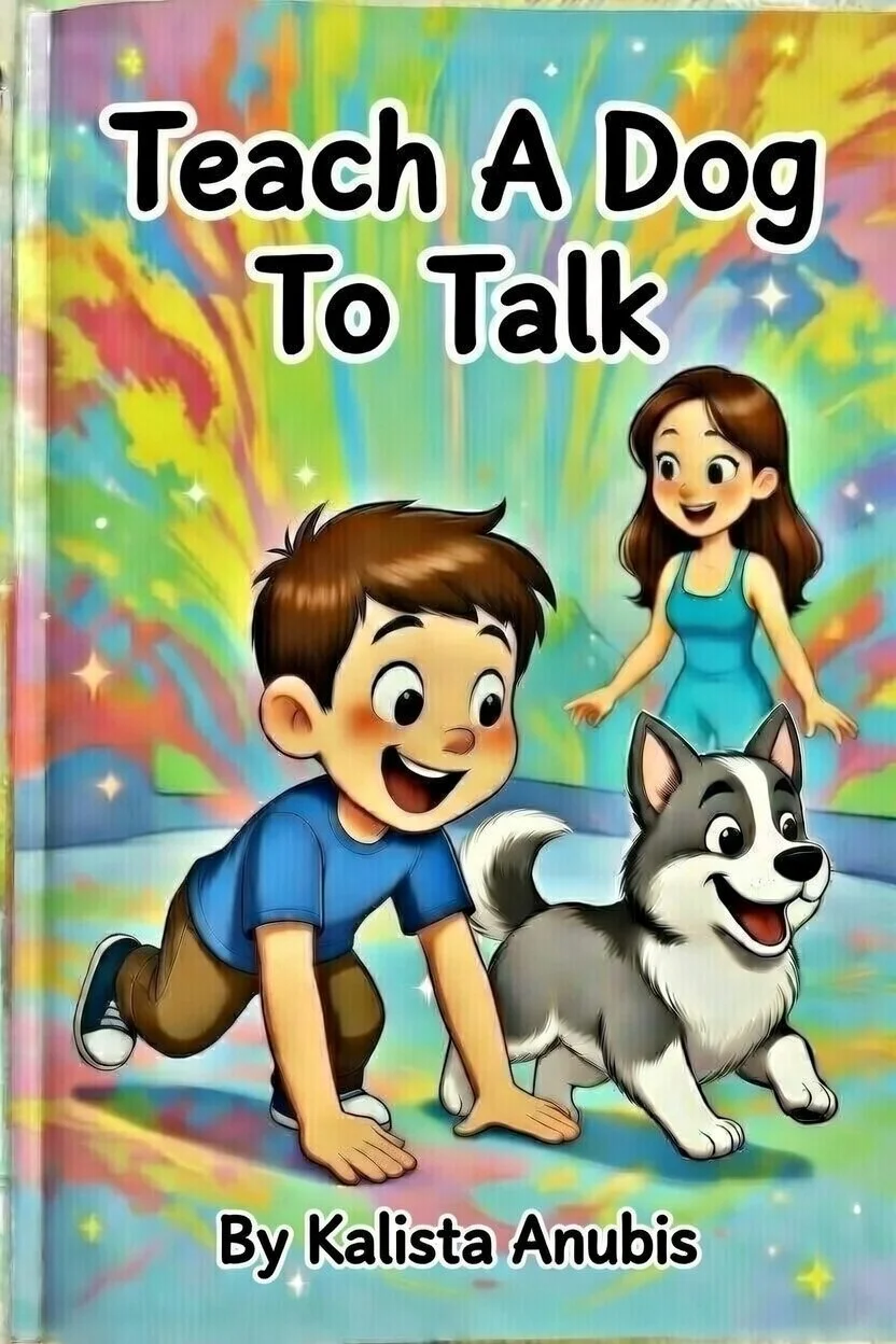 Book cover titled 'Teach A Dog To Talk' by Kalista Anubis, featuring a cartoon boy and girl, and a happy dog on a colorful, rainbow-striped background.