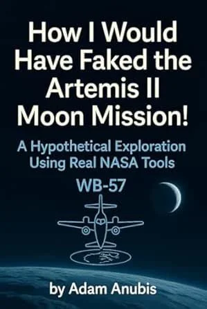 Book cover titled "How I Would Have Faked the Artemis II Moon Mission! A Hypothetical Exploration Using Real NASA Tools" by Adam Anubis, featuring a graphic of an aircraft flying over the moon.