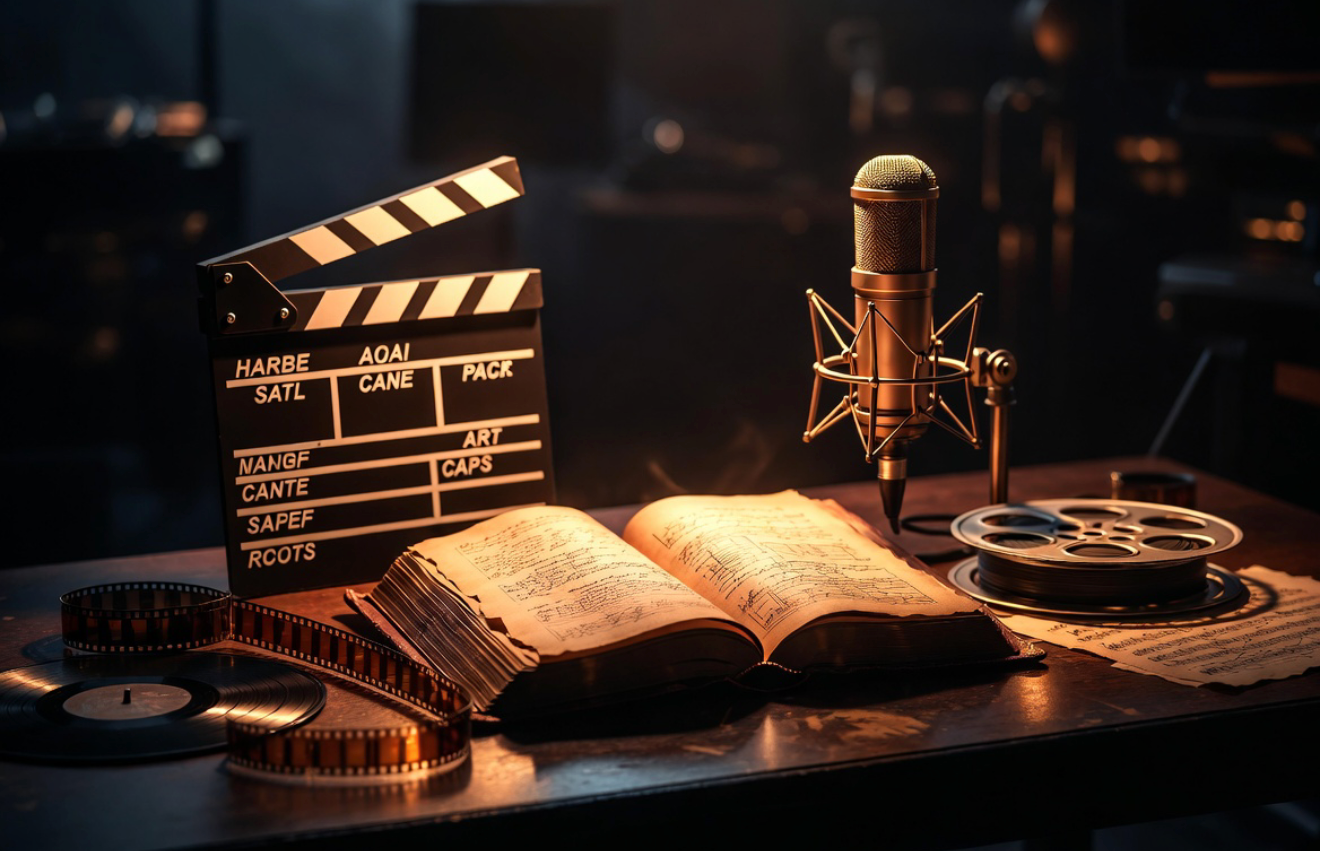A vintage recording studio workspace with an open book, film reel, clapperboard, and a microphone on a wooden desk.