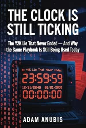 Book cover titled 'The Clock Is Still Ticking' with a digital clock display showing 23:59:59 and 00:00:00, author's name Adam Anubis, and subtitle about the Y2K lie.
