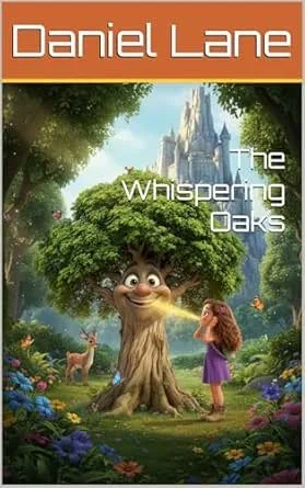 Book cover titled 'The Whispering Oaks' by Daniel Lane, showing a talking tree with a smiling face, a young girl, a deer, and a castle in the background in a lush, green forest.