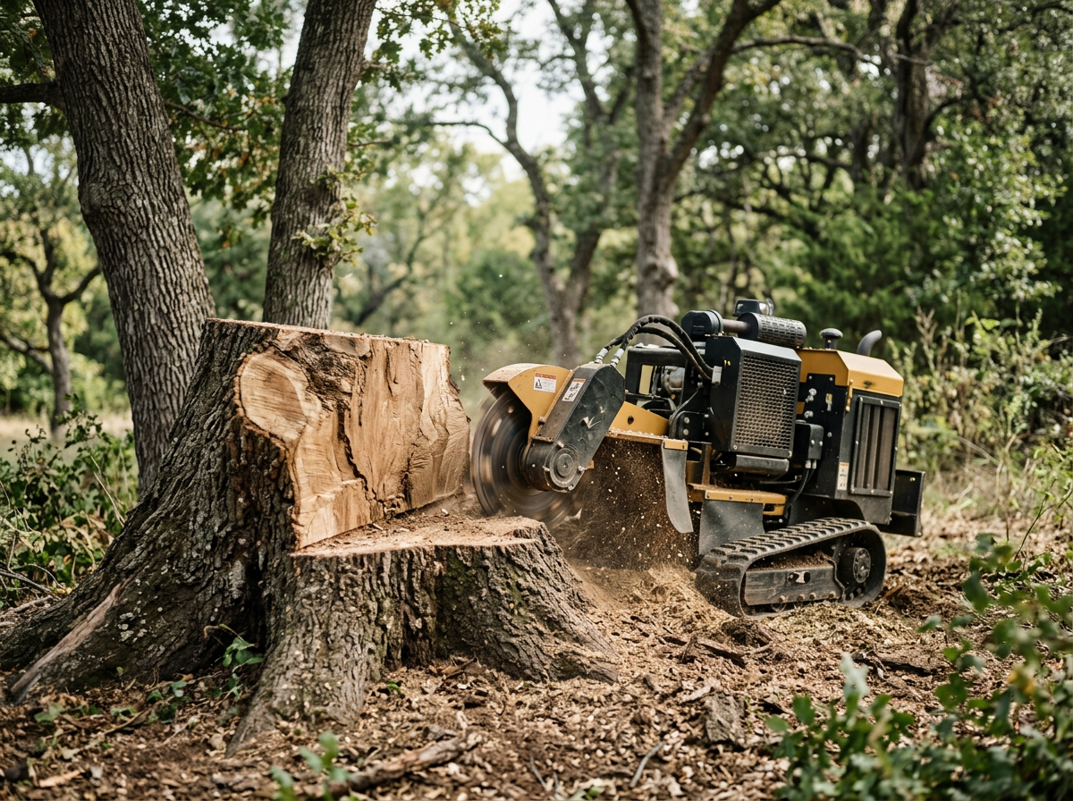 A small tracked hydraulic wood-cutting machine is chopping into a large tree trunk in a forest, with sawdust flying around.