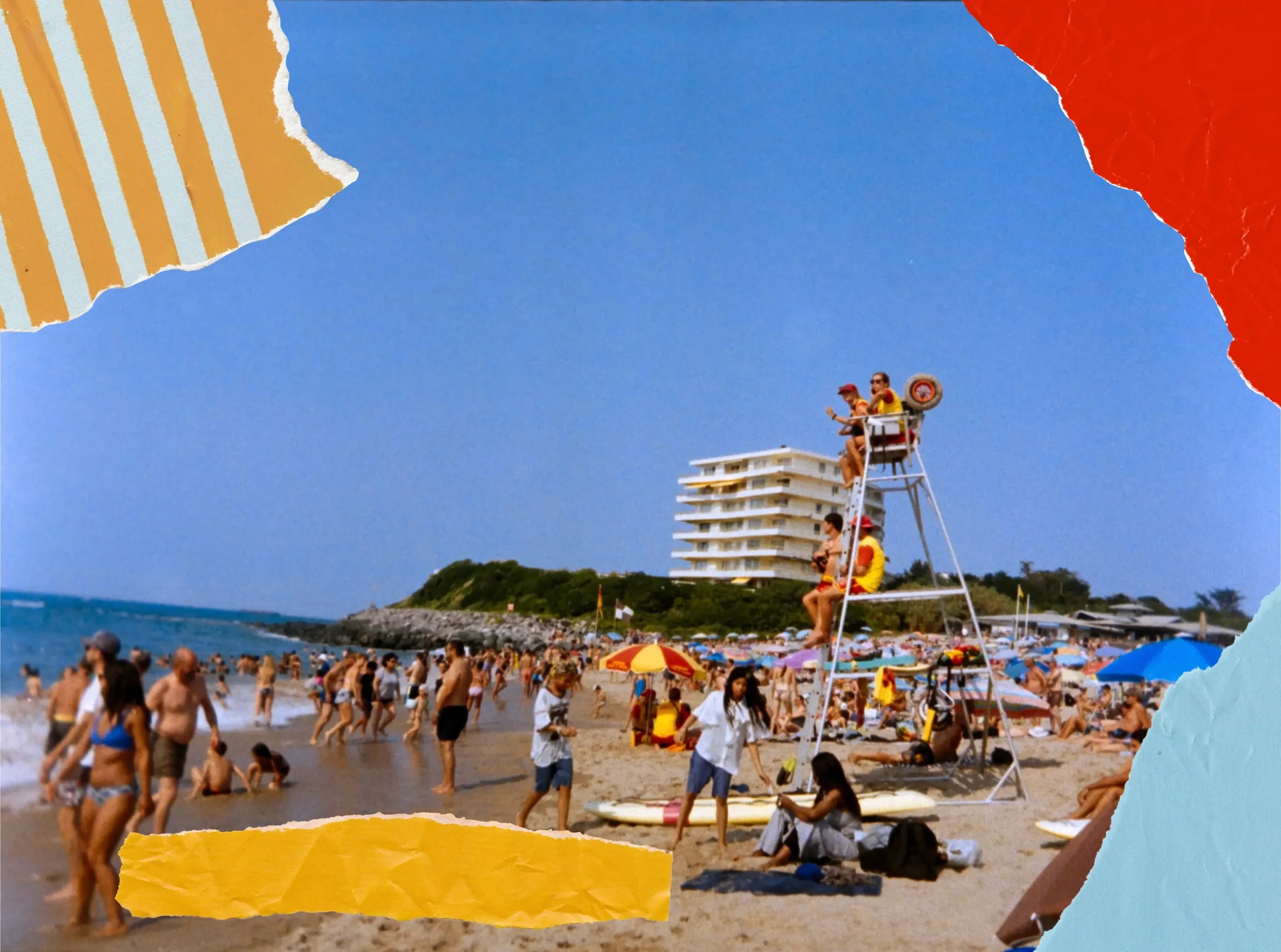 Crowded beach scene with people swimming and relaxing, colorful umbrellas, and a lifeguard tower with two lifeguards, one sitting and one standing, under a blue sky surrounded by torn paper collage elements in red, yellow, blue, and orange.