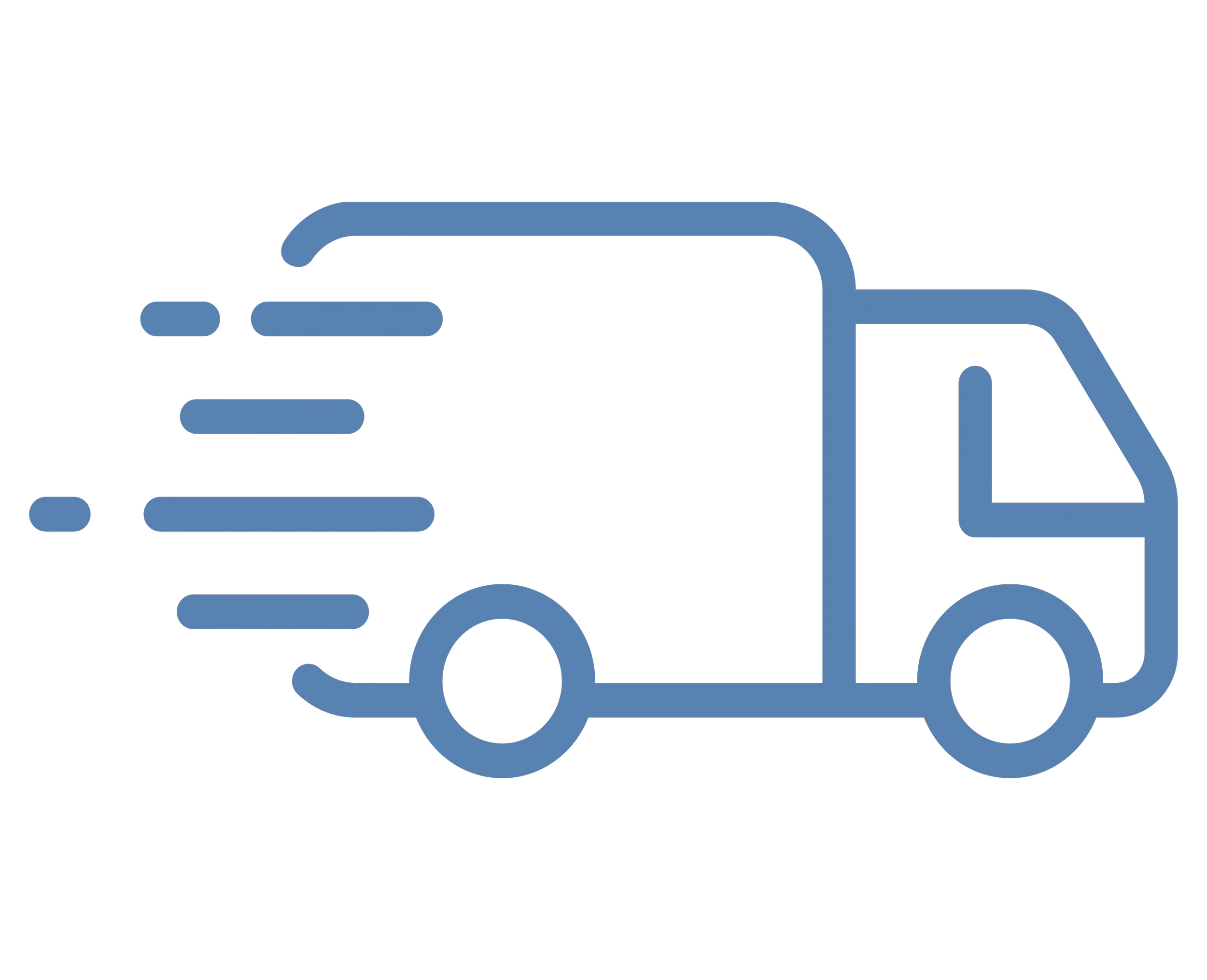 Outline of a delivery truck with motion lines indicating speed, in blue.