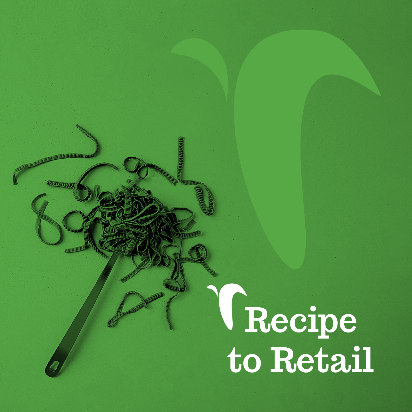 A green background with a spoon holding a tangled pile of noodles on the left side, and a stylized large green leaf on the right side. The white text reads 'Recipe to Retail' with a small white leaf graphic above the text.