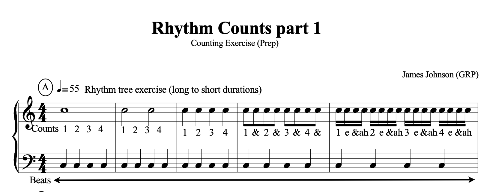 Sheet music titled 'Rhythm Counts part 1', showing a counting exercise for rhythm training with notation for counts and beats. The composer is James Johnson (GRP) and the exercise is for long to short durations with a tempo of 55 beats per minute.