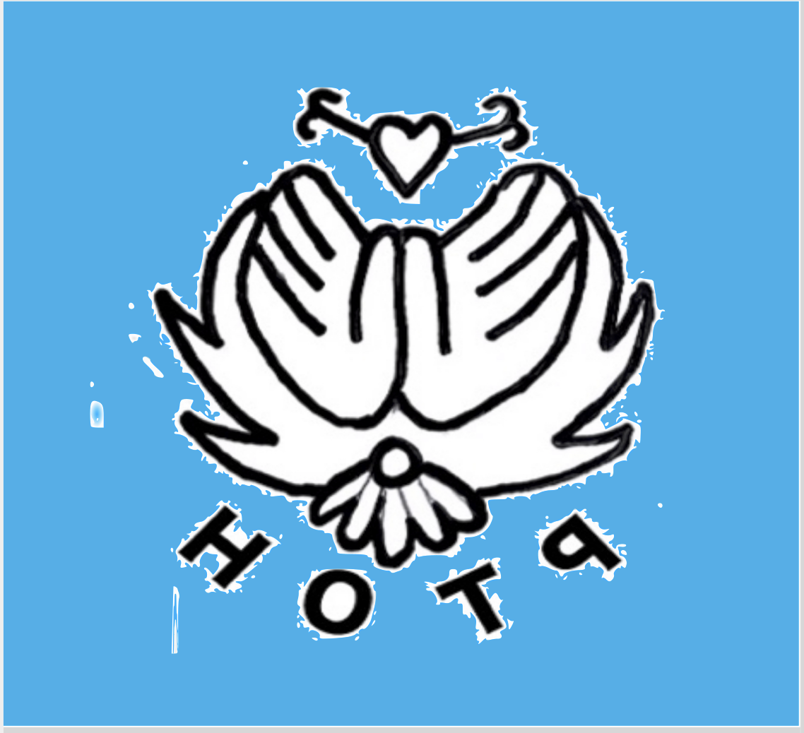 A stylized logo with two hands holding a heart, a bird below, and the word 'HOTEL' written underneath, on a blue background.