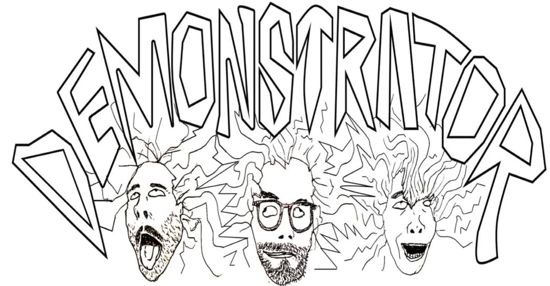 Black and white line drawing of three people's faces with energetic expressions and wild hair, under stylized text that reads "The Fensy Syndicate."
