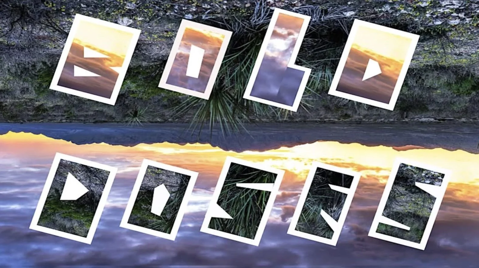 Beautiful sunset over a mountain lake with trees in the foreground, with the phrase "FOLLOW PICTURE" written across in white outlined letters.