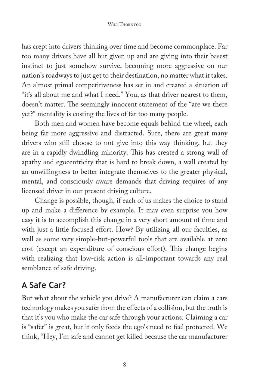 A page from a book or article by Will Thornton discussing road safety, driver aggression, and the importance of safe driving practices.