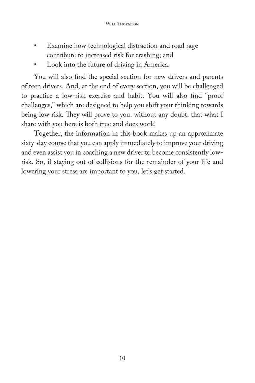 Page from a book or document discussing driving safety, focusing on technological distraction, road rage, and strategies for new drivers to reduce accidents.