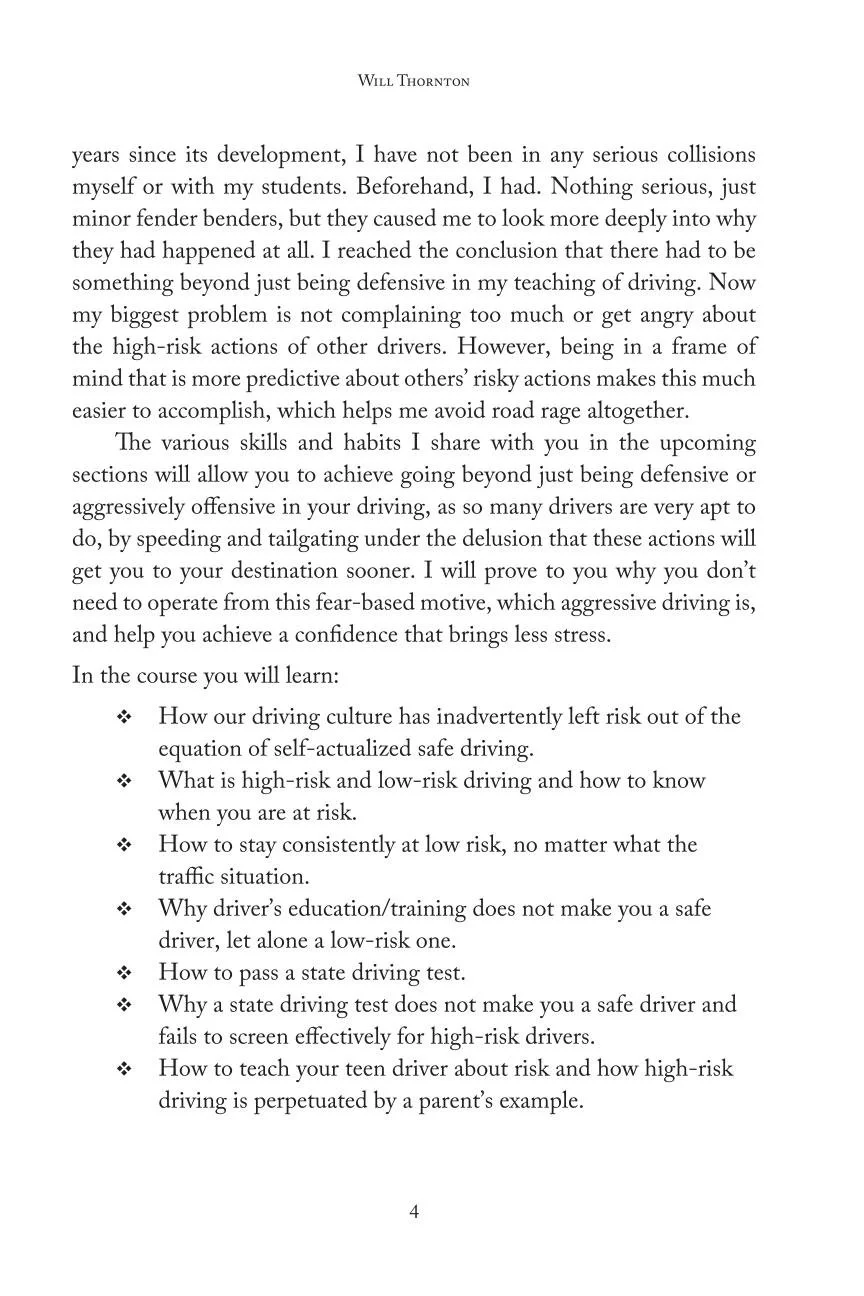 Page from a book or manual discussing safe driving techniques, high-risk and low-risk driving, and strategies for teaching teen drivers about risk.