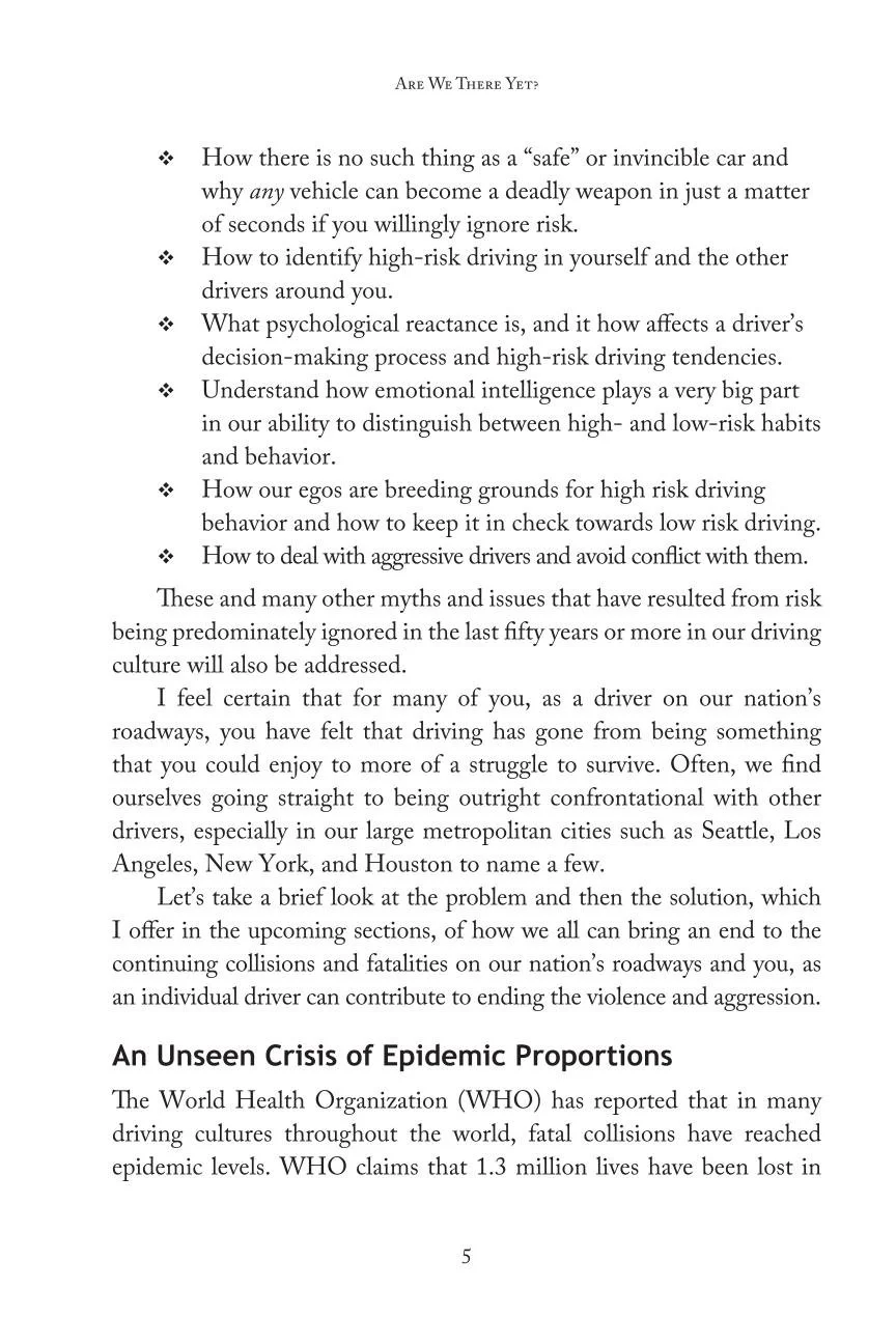 Page from a book or report discussing road safety, high-risk driving, and the impact of risk perception and emotional intelligence on driving behavior, followed by a section on the global crisis of traffic fatalities.