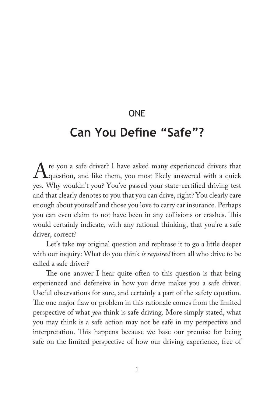 Page from a book or article with the title "Can You Define 'Safe'?" discussing safety and driving perceptions.