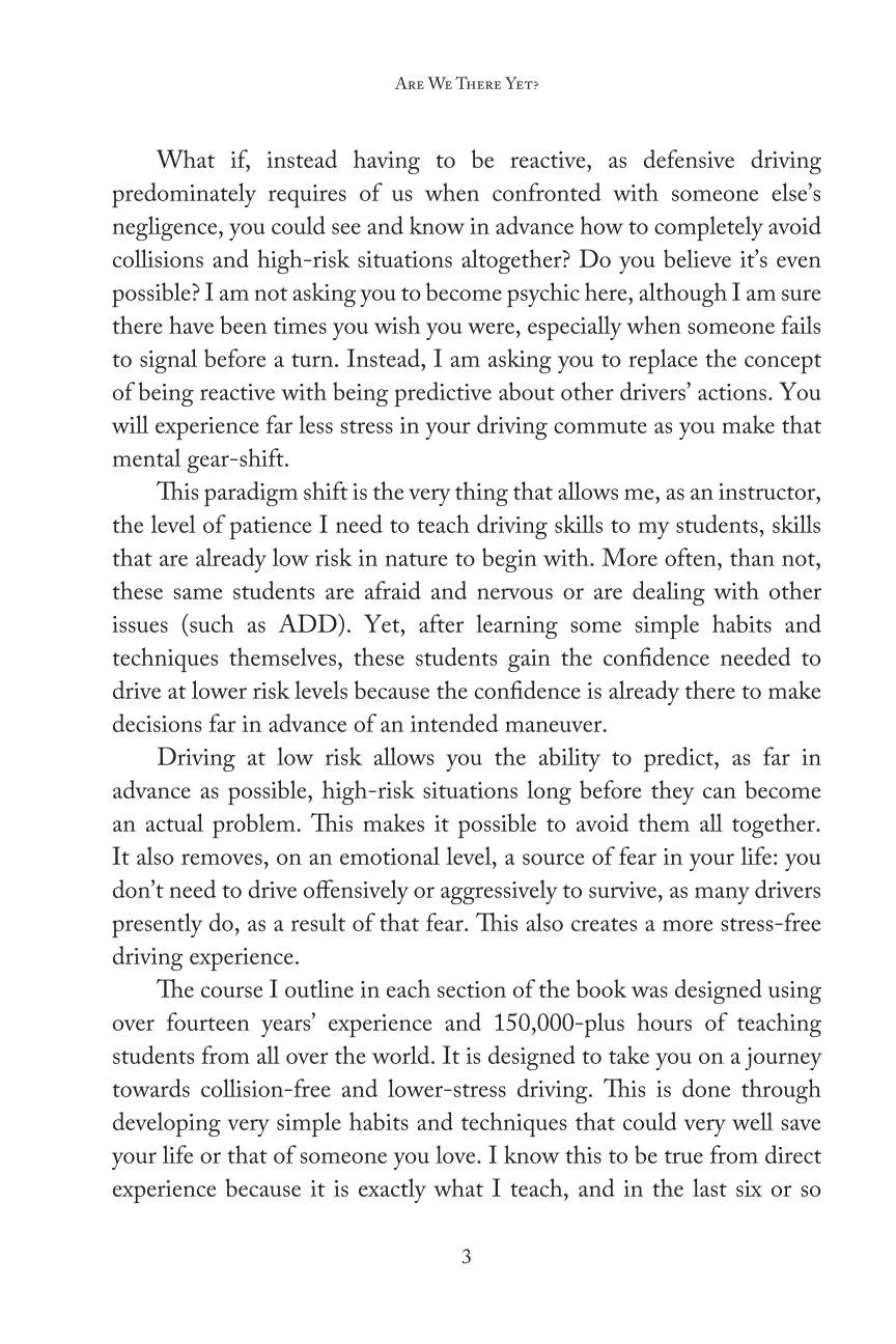 A page from a book or document titled "Are We There Yet?" discussing driving safety, predictive driving, and teaching driving skills with experience and habits.