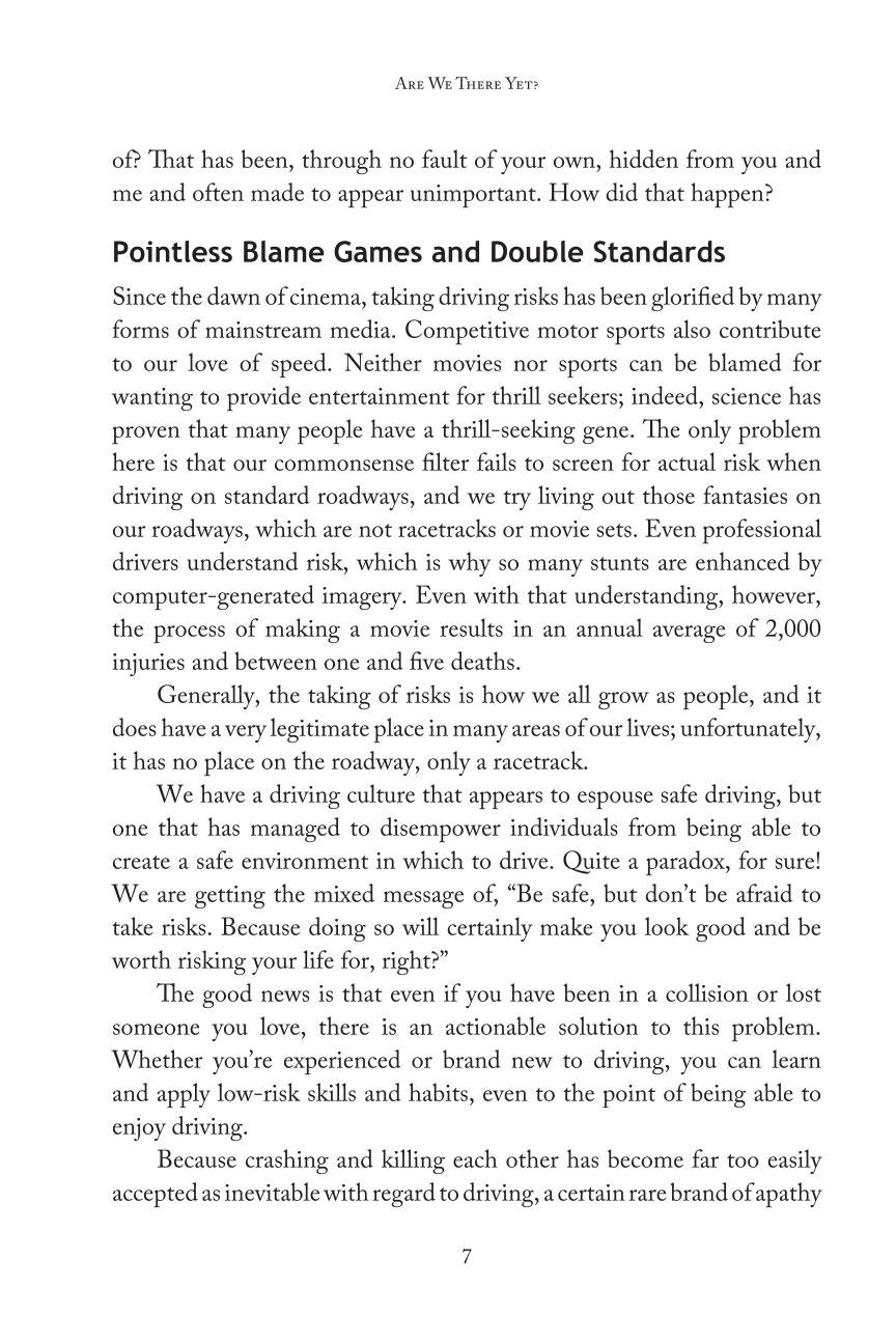 Page 7 of a book or magazine article titled "Are We There Yet?" discussing the risks and cultural aspects of driving, including statistics on injuries and deaths, and advocating for balanced risk-taking and safe driving habits.