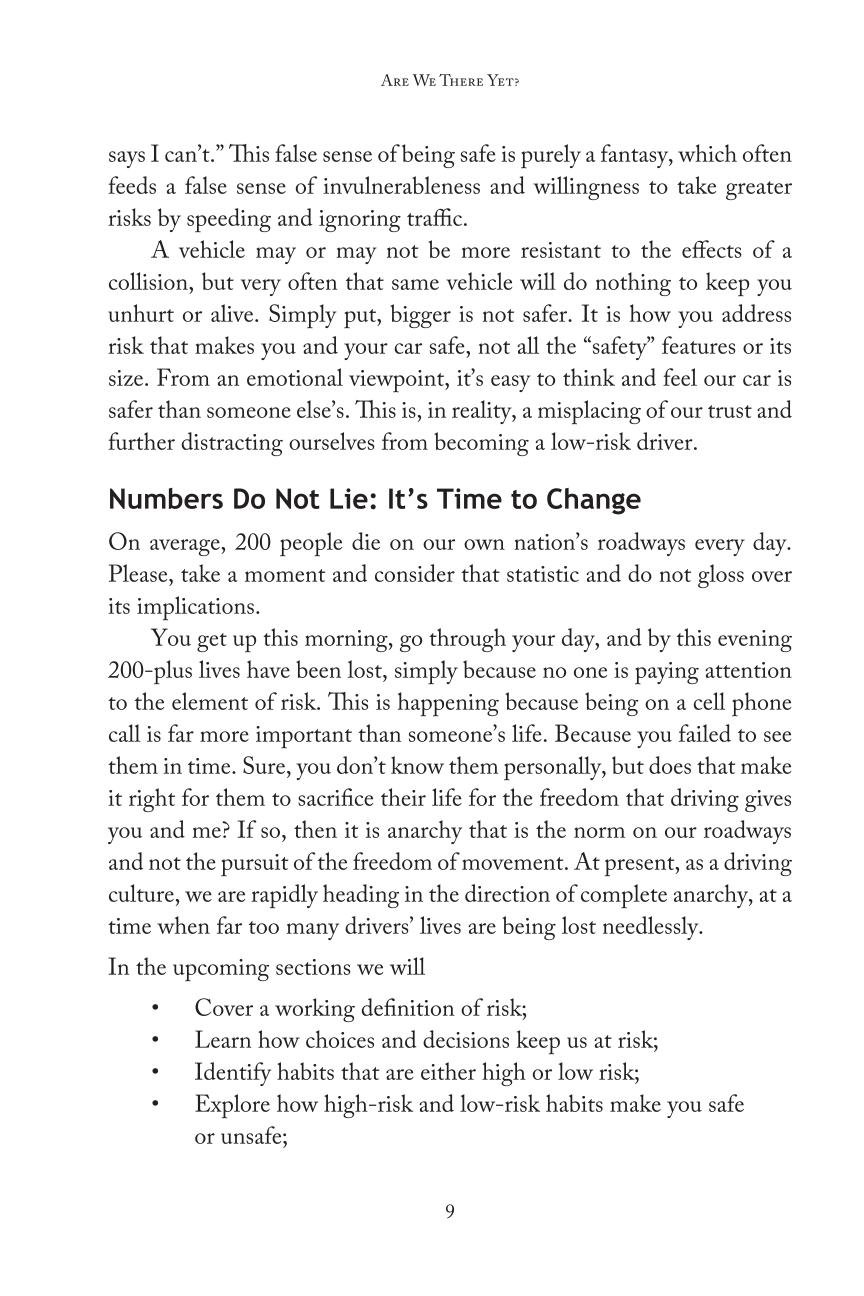 A page from a book or magazine titled 'Are We There Yet?' discussing the importance of safe driving, the dangers of distracted driving, and the need to change driving habits to reduce fatalities on U.S. roadways.