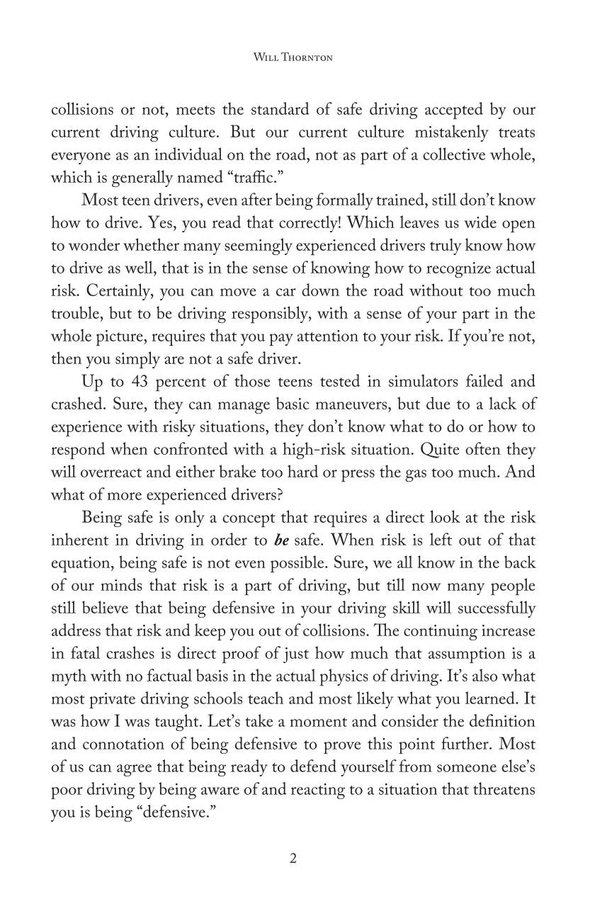 Text from a book or document discussing safe driving, responsibility, experience, and defending oneself on the road, attributed to Will Thornton.