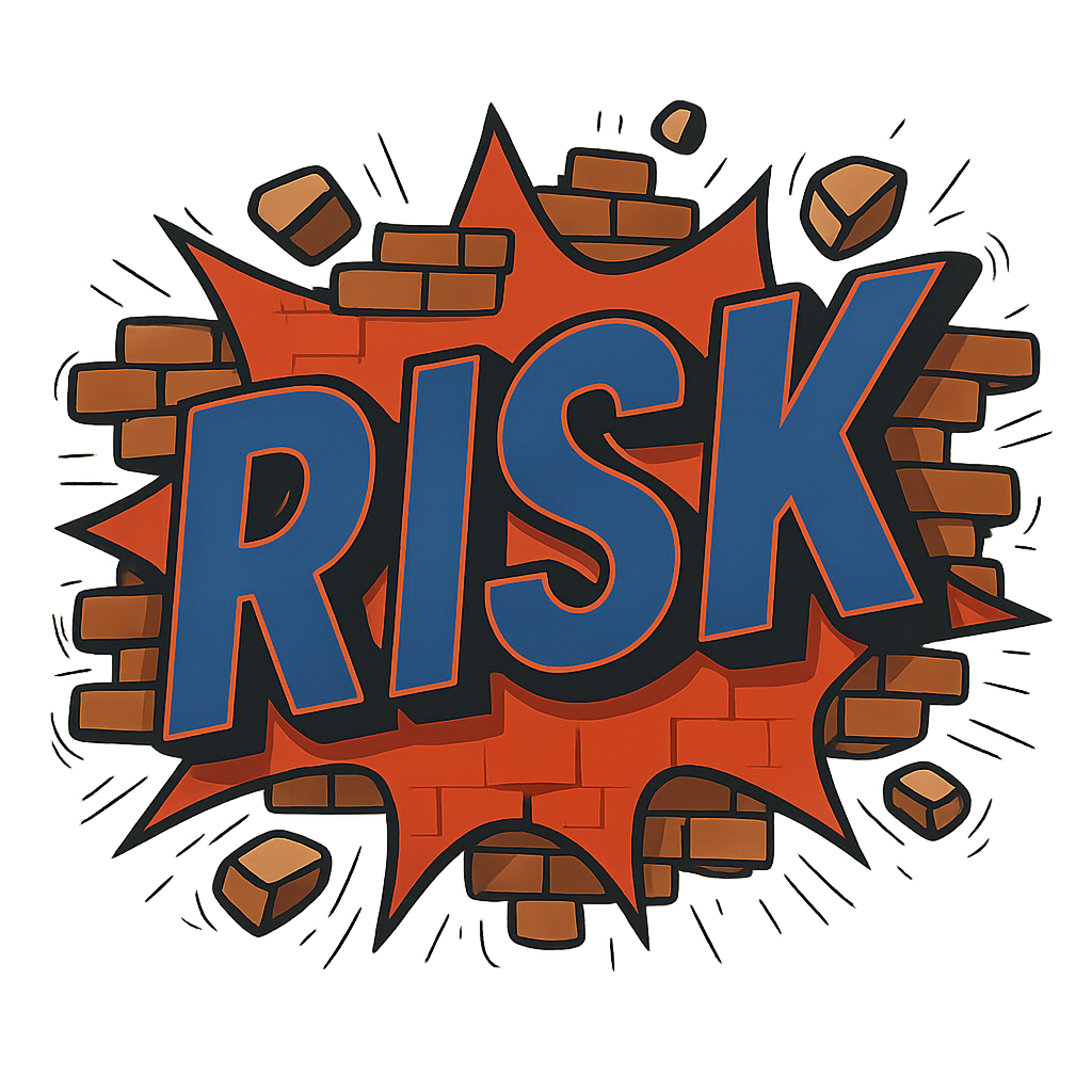 Comic-style graffiti with the word "RISK" in bold blue letters, bursting out of a brick wall with an orange explosion background and brick debris.