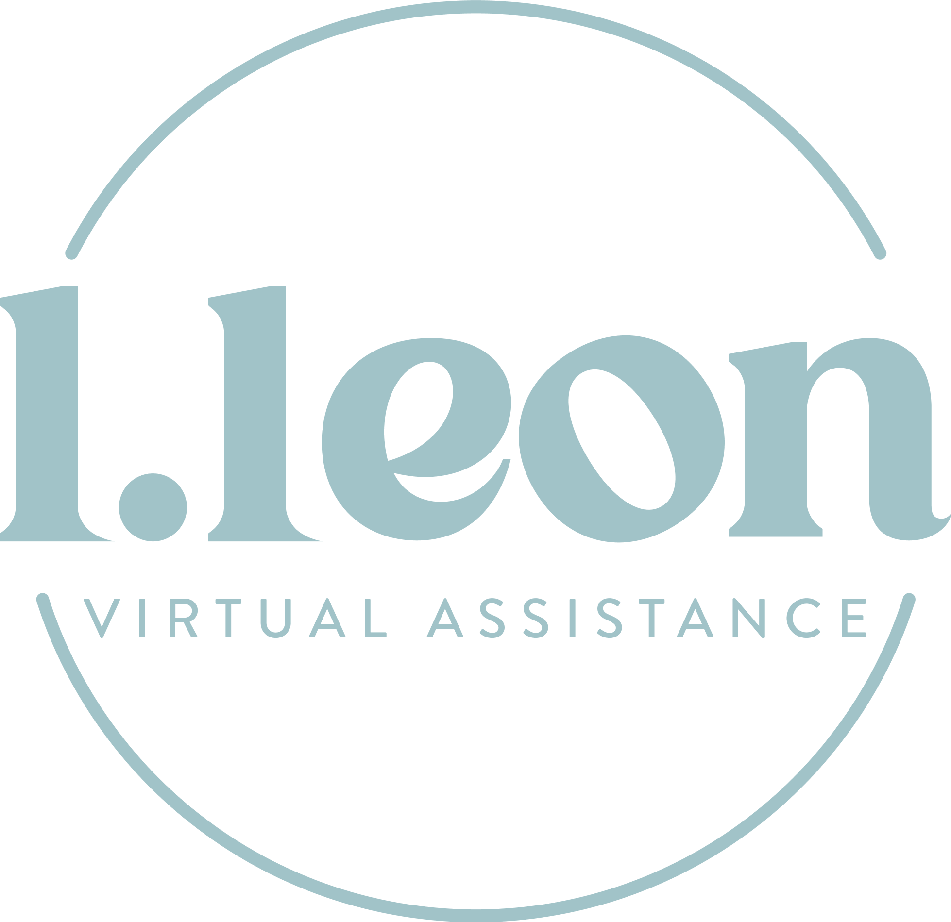Logo for L.L.E.O.N Virtual Assistance with a blue circular outline, the text 'L.leon' in large font, and 'VIRTUAL ASSISTANCE' in smaller font below.