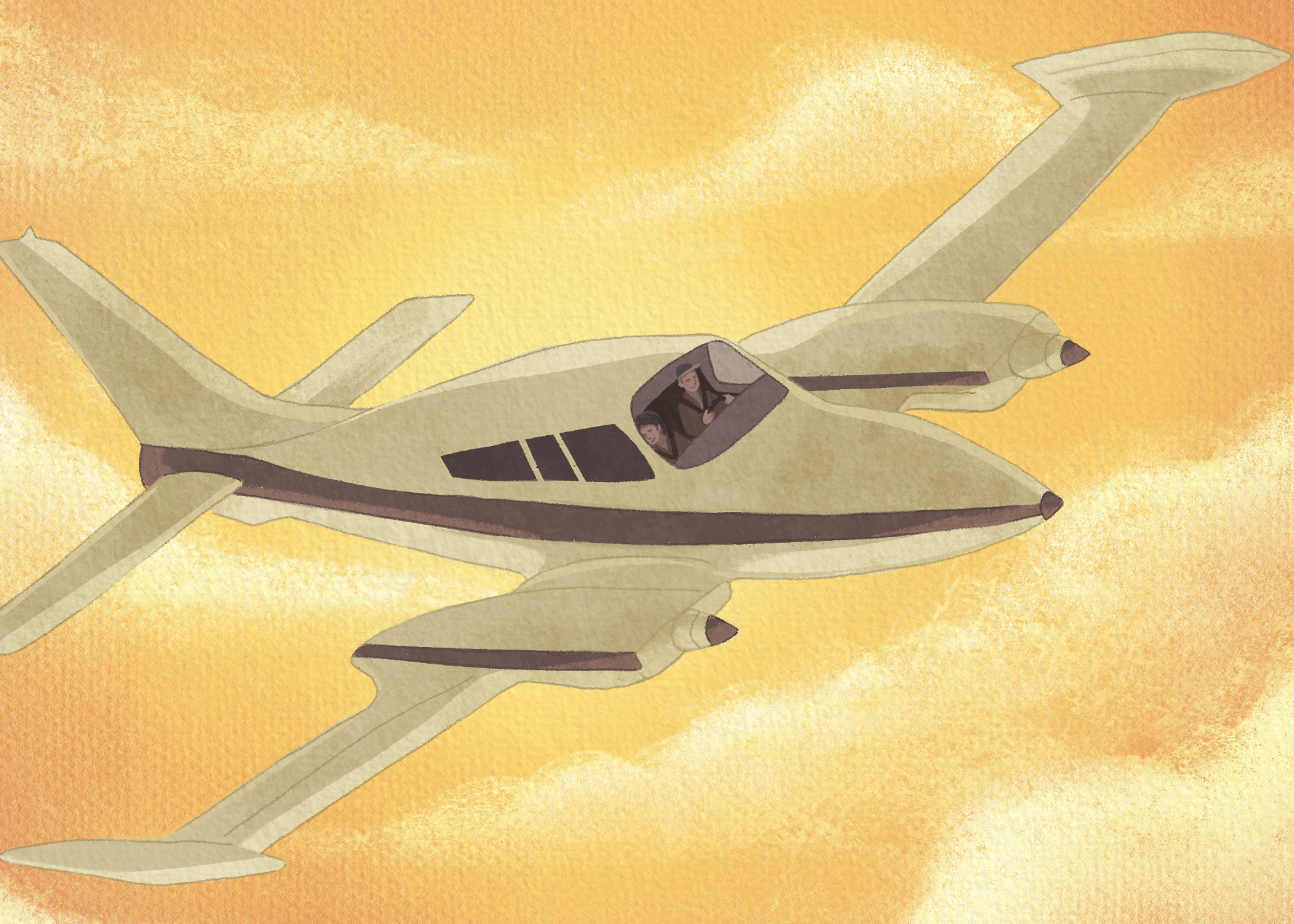 Watercolor illustration of a sleek, futuristic jet aircraft flying through a yellowish-orange sky with cloud textures, with two pilots visible inside the cockpit.