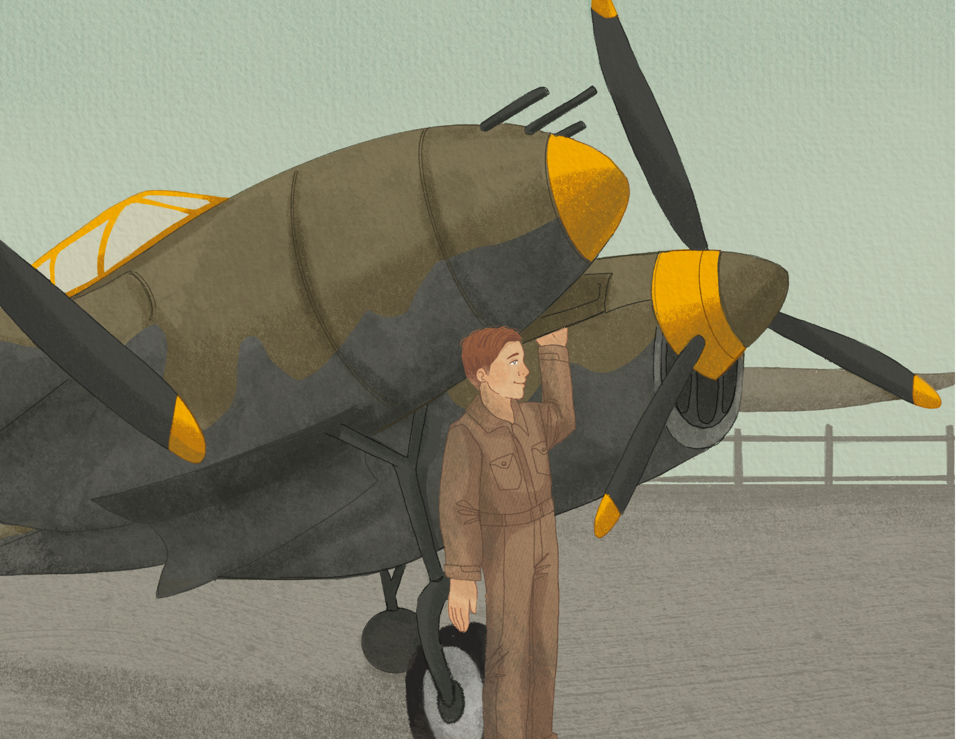 A person in military uniform standing under the nose of a vintage military airplane on an airfield with a fence in the background.