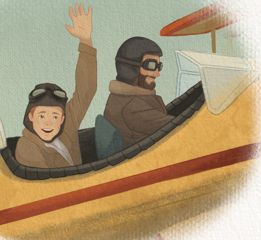 A  boy and an adult man flying in a yellow and black aircraft. The boy is waving and smiling, wearing goggles on his head and a brown jacket. The man, likely the pilot, is wearing goggles and a brown jacket, focused on steering the plane.