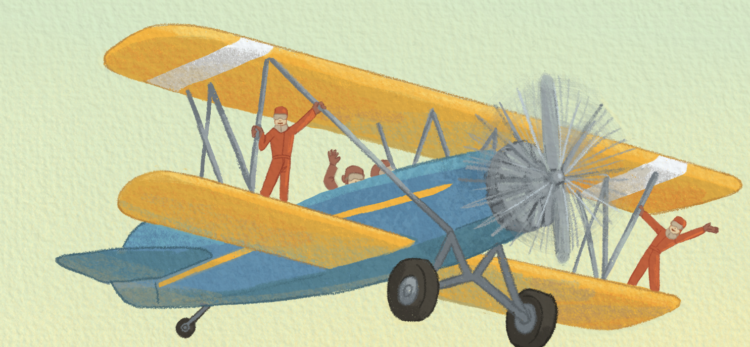 A colorful illustration of a vintage biplane with yellow and blue wings, flying in the sky with three people on board celebrating and waving, wearing orange jumpsuits.