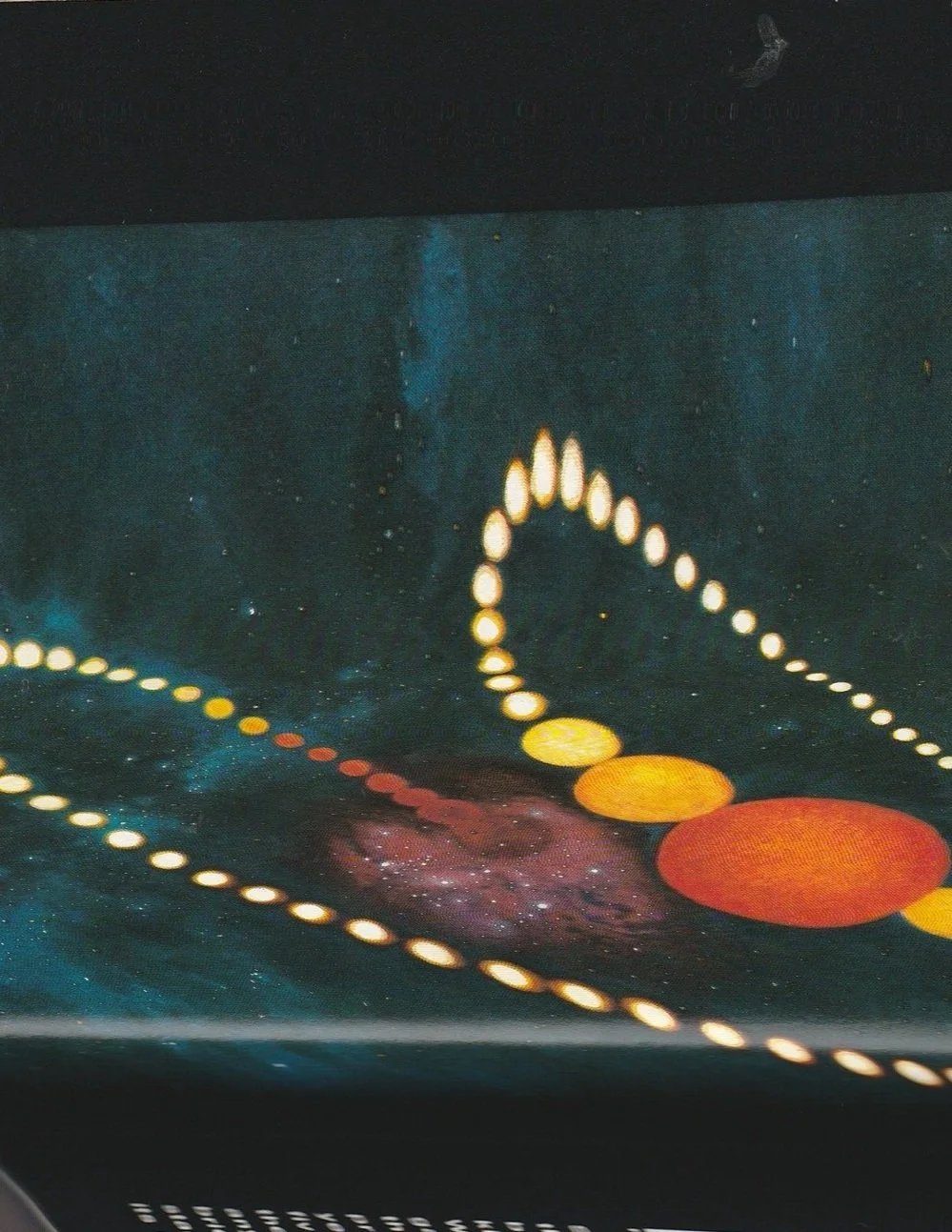 A mural of the solar system with planets and their orbits depicted by illuminated circles on a galaxy background.