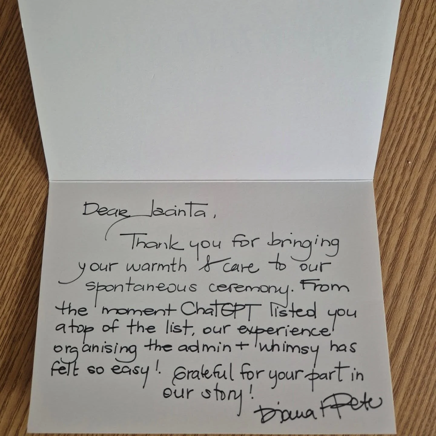 Receiving this card from Di and Pete, made my YEAR 😍😍 it is such an honour and a joy to marry people.

They had a lovely ceremony at home with their girls and closest friends. And although it was 36 degrees outside, Pete did a great job of standing