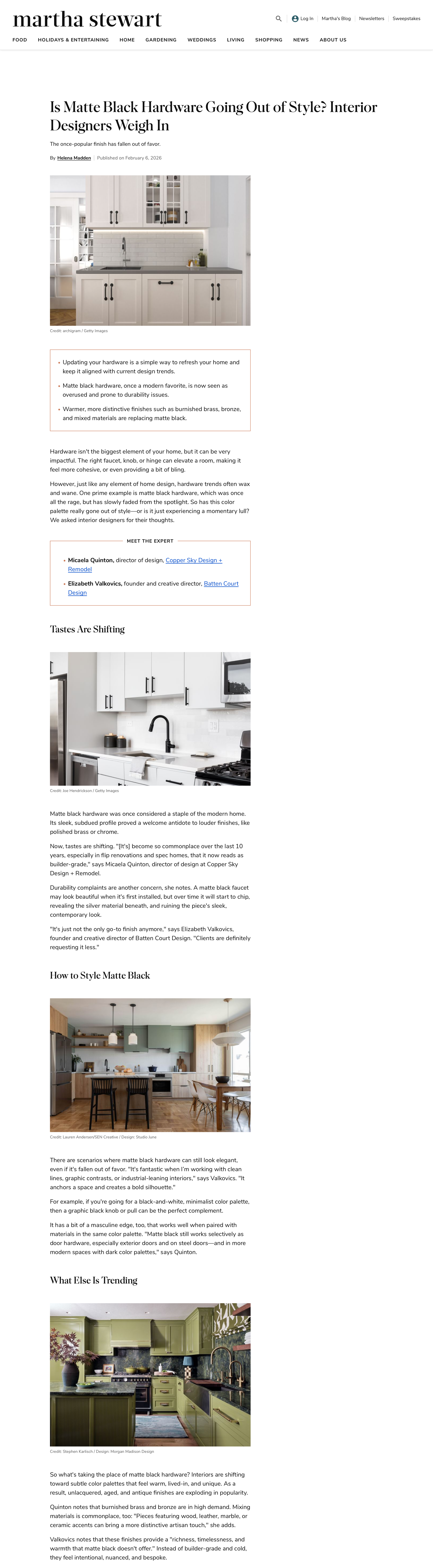 A screenshot of a Martha Stewart article titled "Is Matte Black Hardware Going Out of Style?" featuring interior design insights from Elizabeth Valkovics on the shift toward warm, bespoke finishes like burnished brass and bronze.