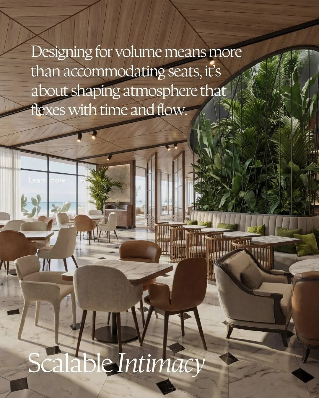 This all-day dining concept balances the demands of scale with the need for atmosphere. Through strategic screening and sectioning, varied chair typologies, and flexible seating arrangements, the space adapts with ease, offering visual interest at ev