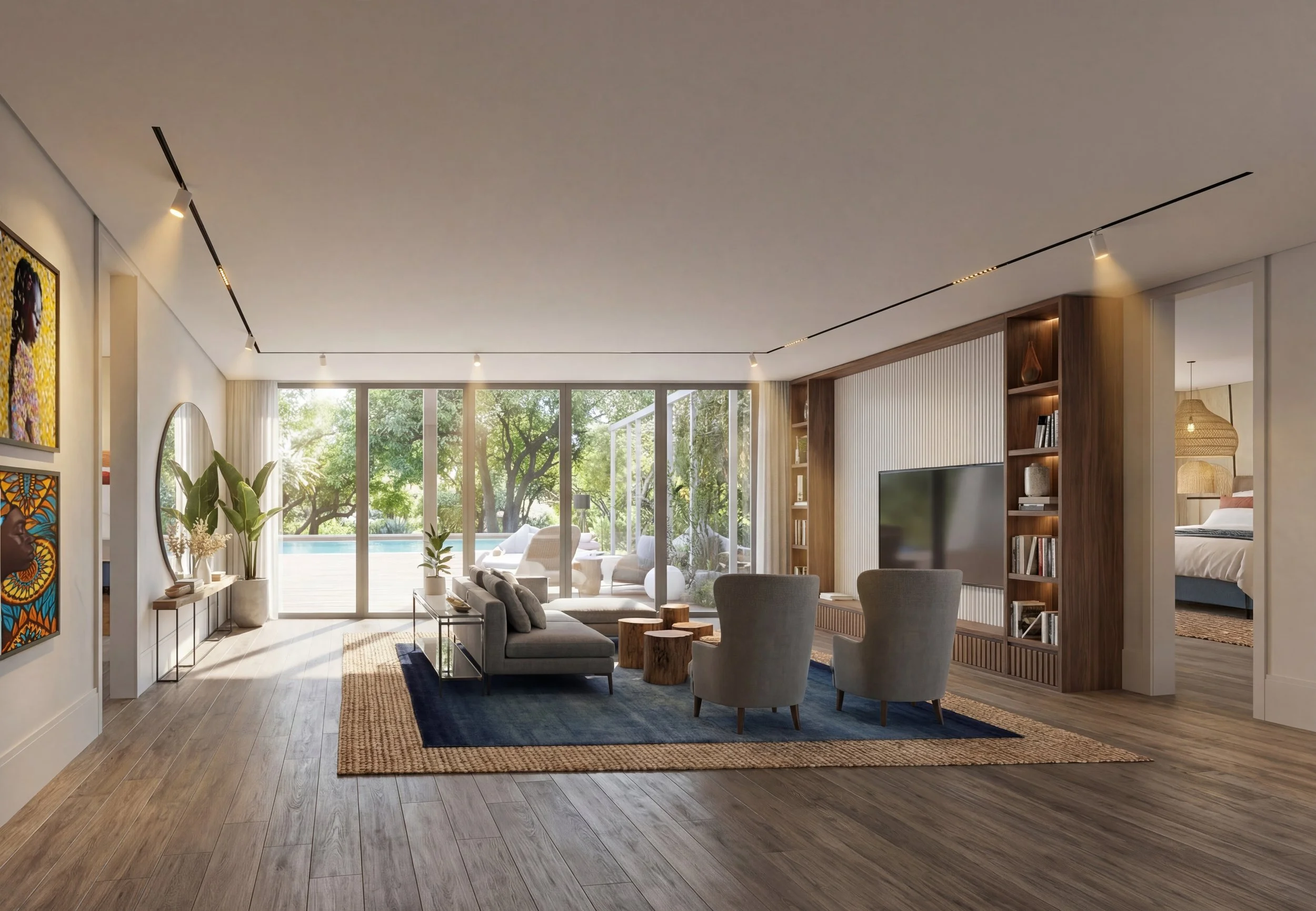resort living room with wood floors, layered rugs, two guestrooms, private pool, natural colors, maasai inspired