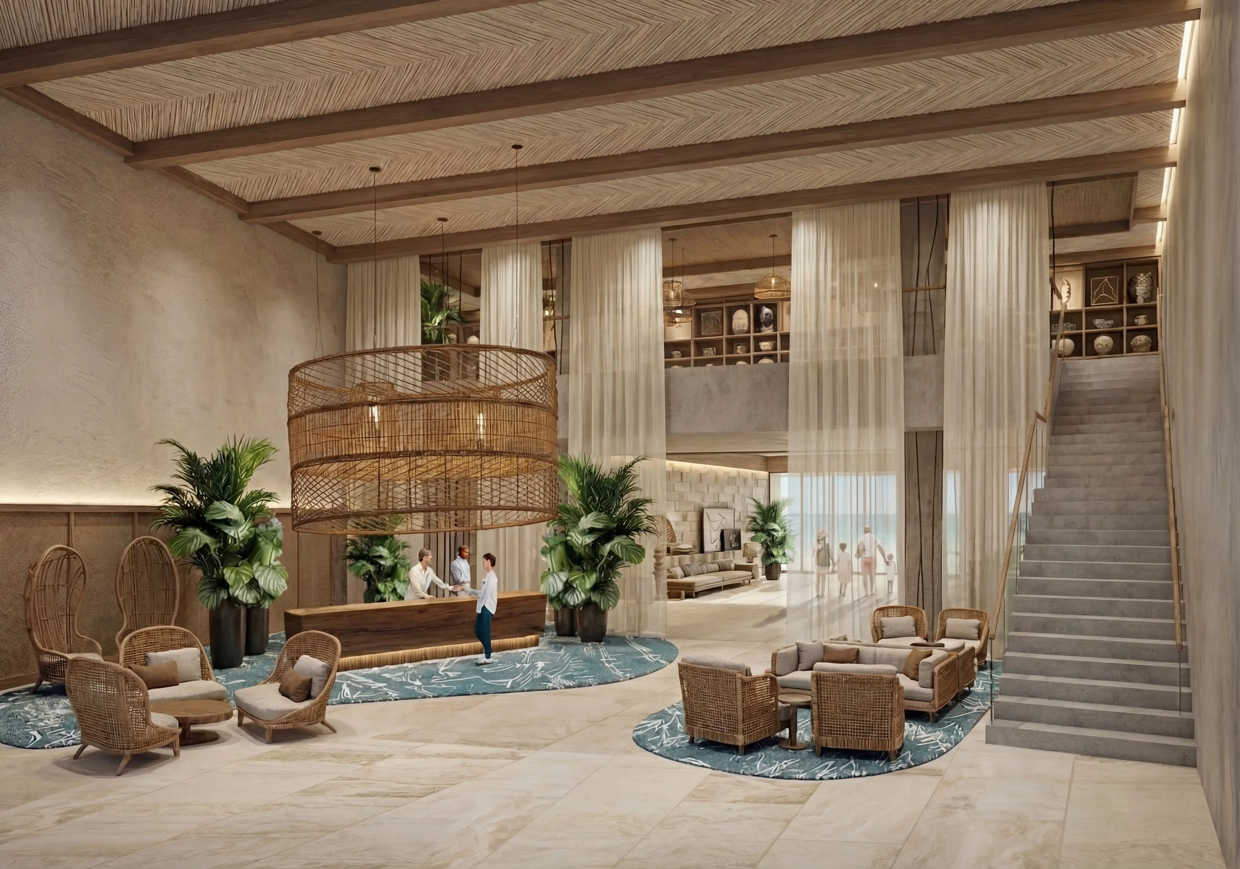 calming double height resort with natural tones, textures, limestone flooring, water like capets, polished plaster, woven pendant