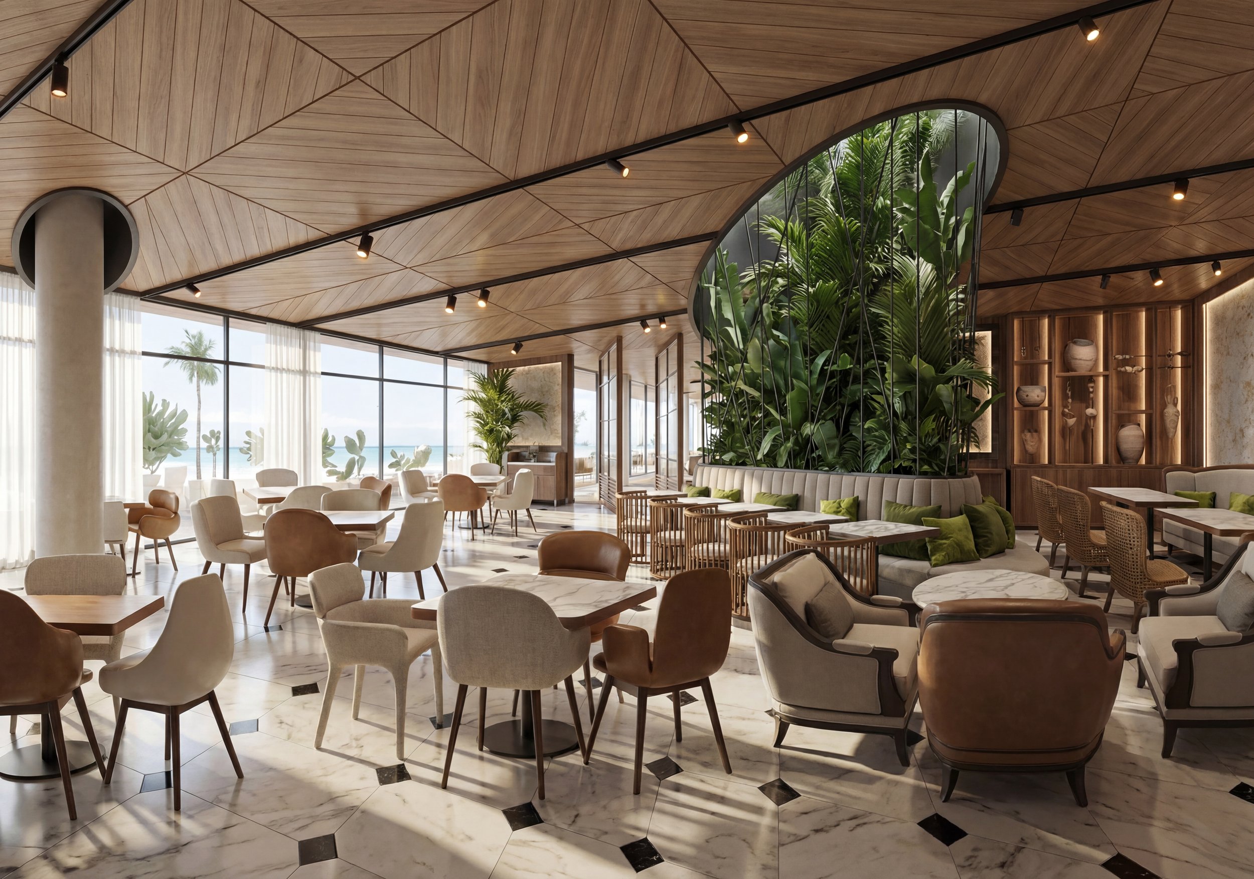 classic marble flooring with black diamond shape, all day dining concept with large greenery feature, stone colored custom banquette booth