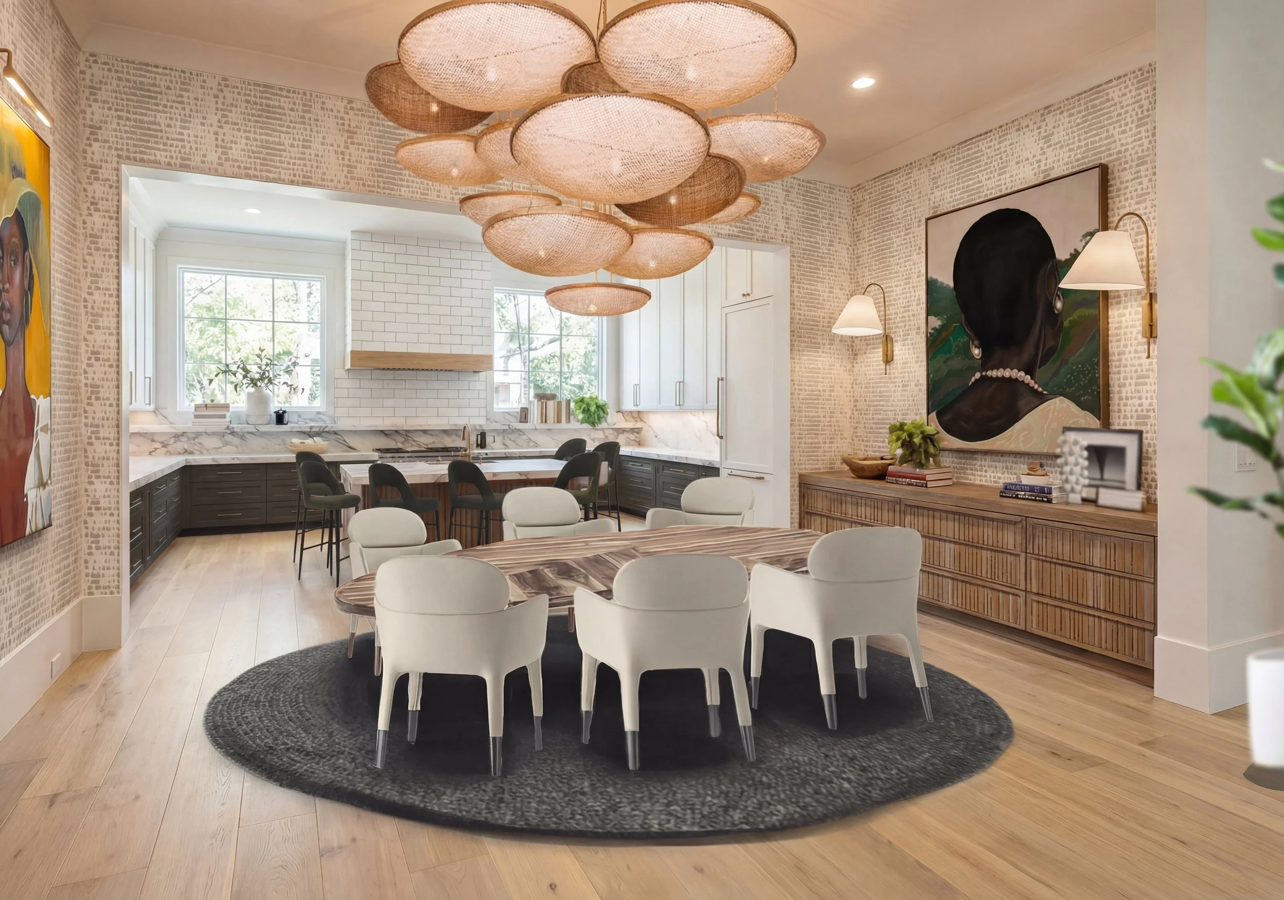 resort kitchen and dining area with marble effect quartz countertops, warm woods, woven textures
