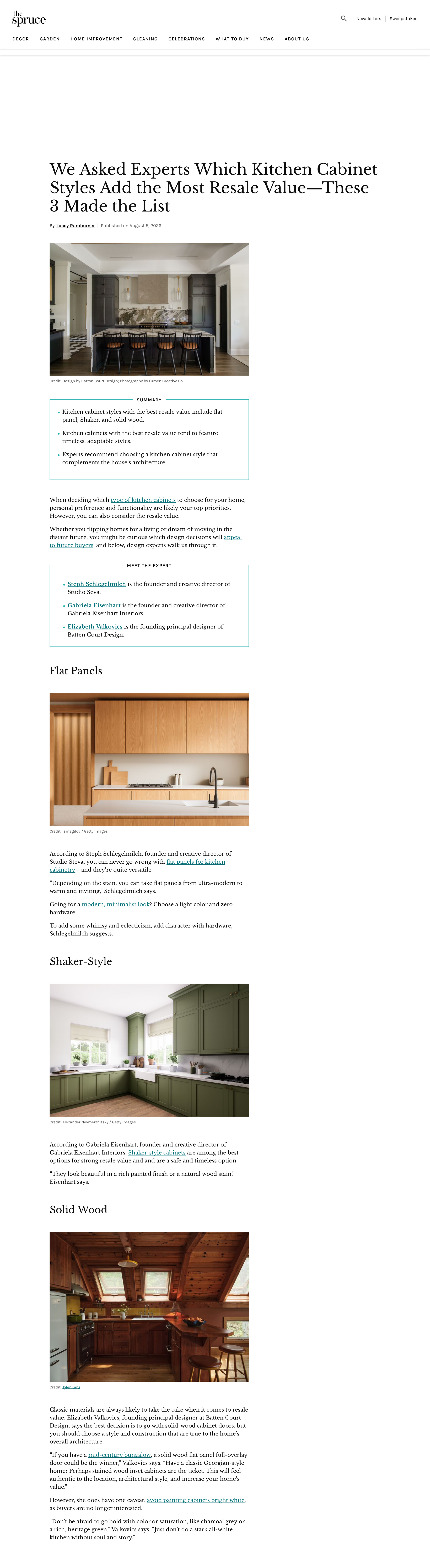 Screenshot of The Spruce article on kitchen cabinet styles featuring Batten Court Design