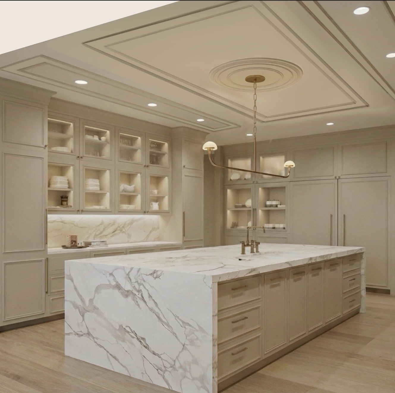 Calacatta Gold Marble Countertops, waterfall edge, applied trim, creamy white cabinets, glass cabinets, white oak flooring
