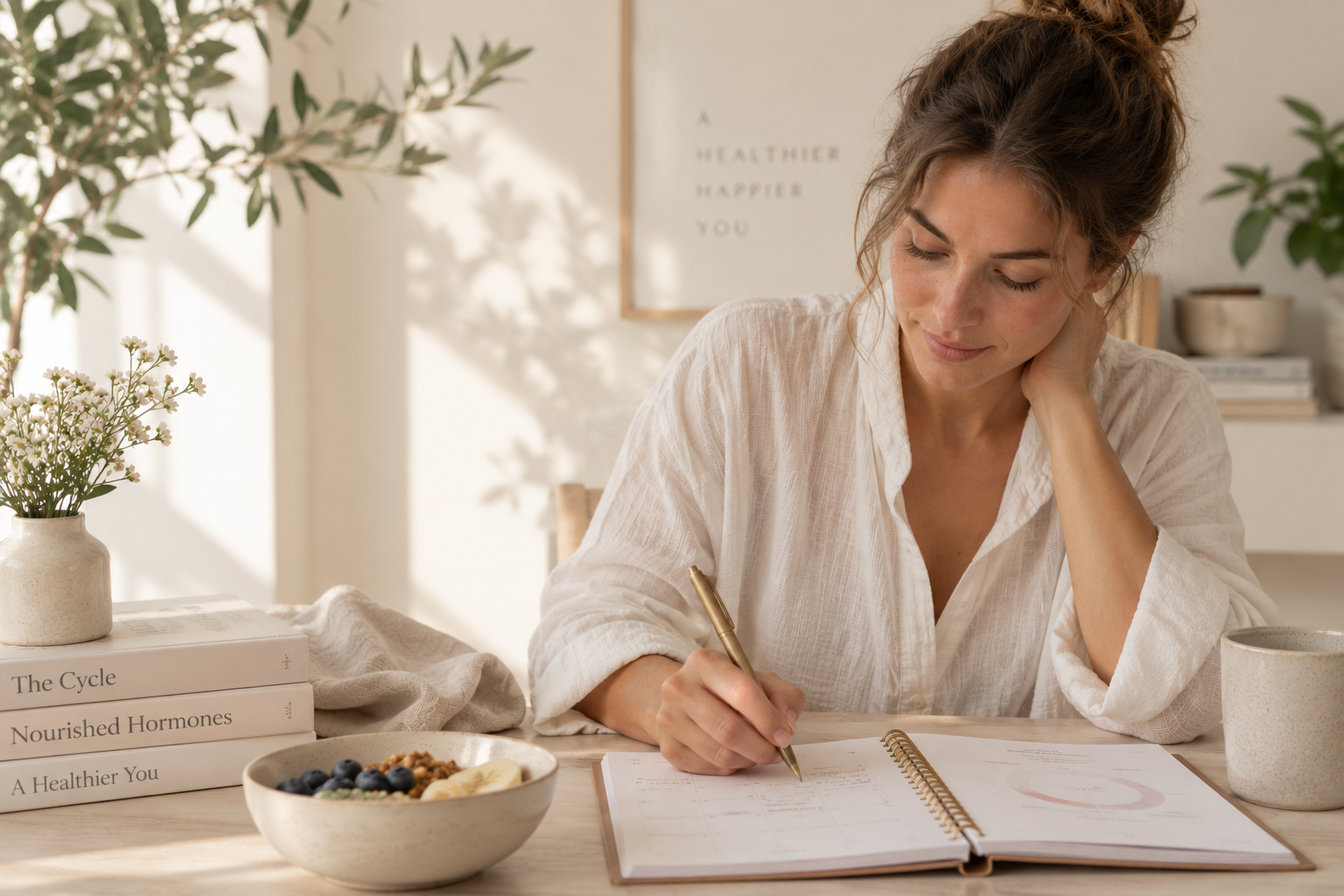 Woman tracking her menstrual cycle in a journal at a bright, sunlit table.