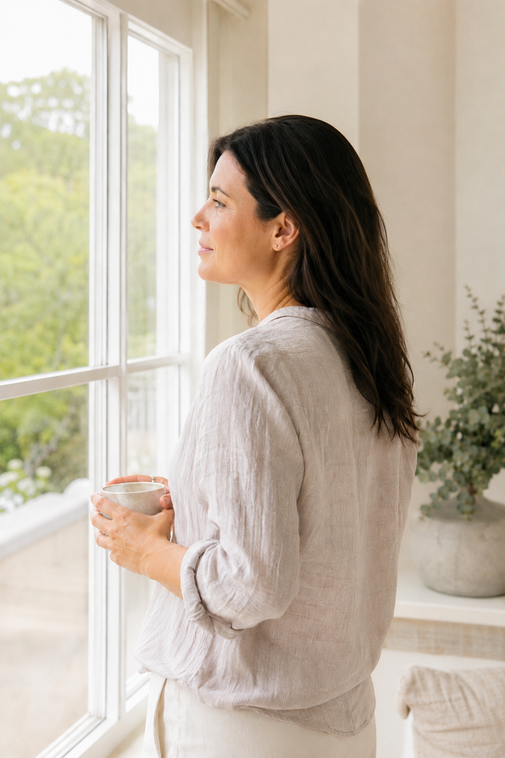 Woman looking out window thinking about PCOS and her cycle