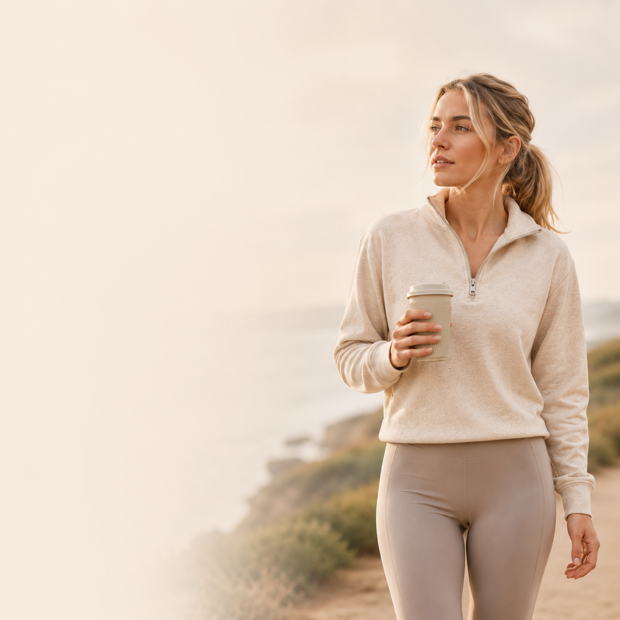 Woman walking in activewear looking thoughtful holding a coffee