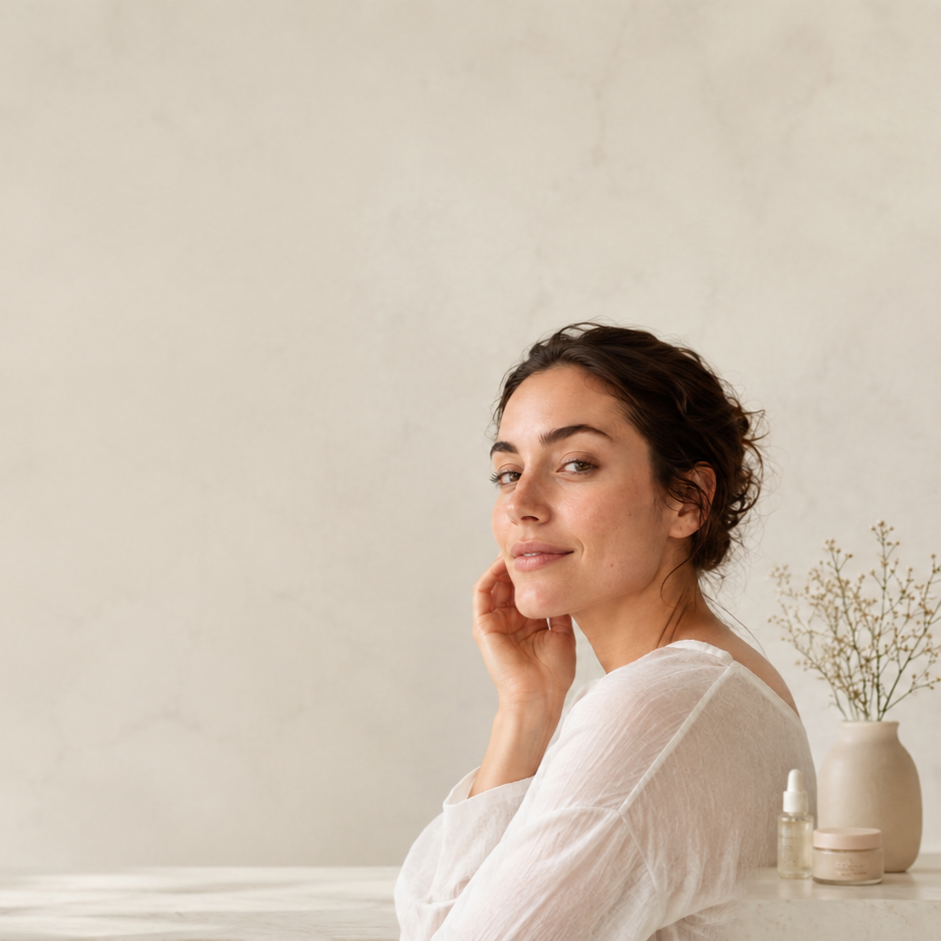 Woman following her skincare routine in soft natural light